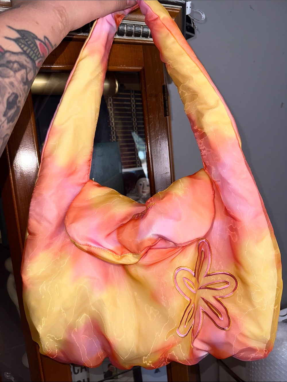 Pink & Yellow Tie-Dye Shoulder Bag with Floral Stitch Accent